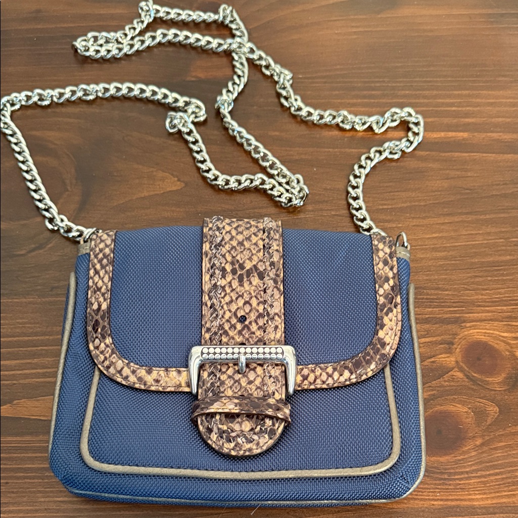 Brighton Blue Crossbody Bag Snakeskin Trim Chain Strap Small Chic